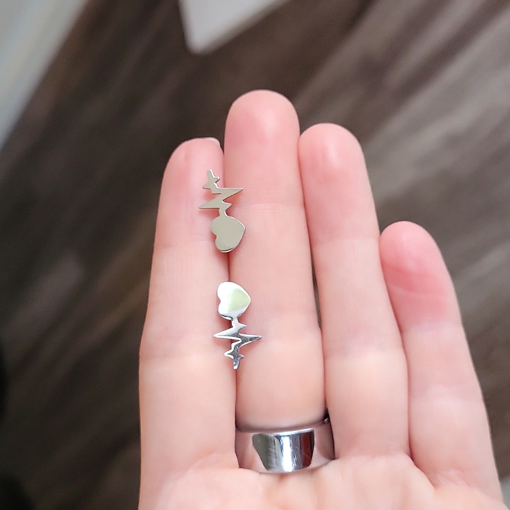 ECG earrings silver tone metal studs heartbeat